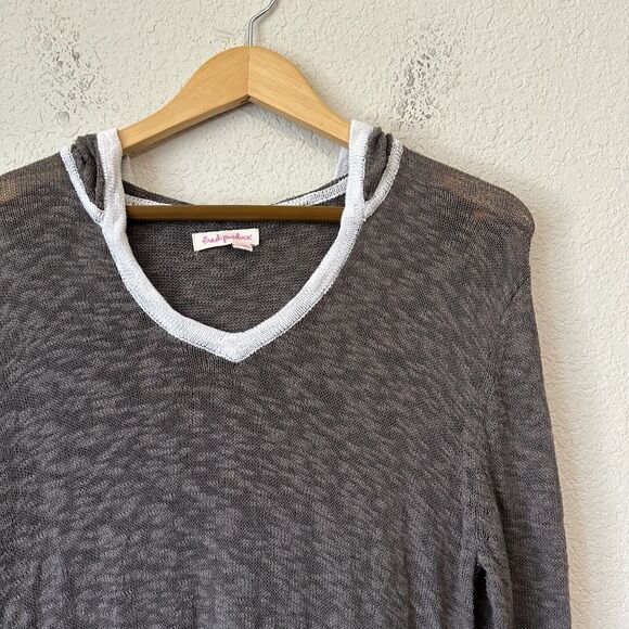 NWOT FRESH PRODUCE Long Sleeve Hooded Knit Sweater V-Neck in Taupe - Picture 2 of 9